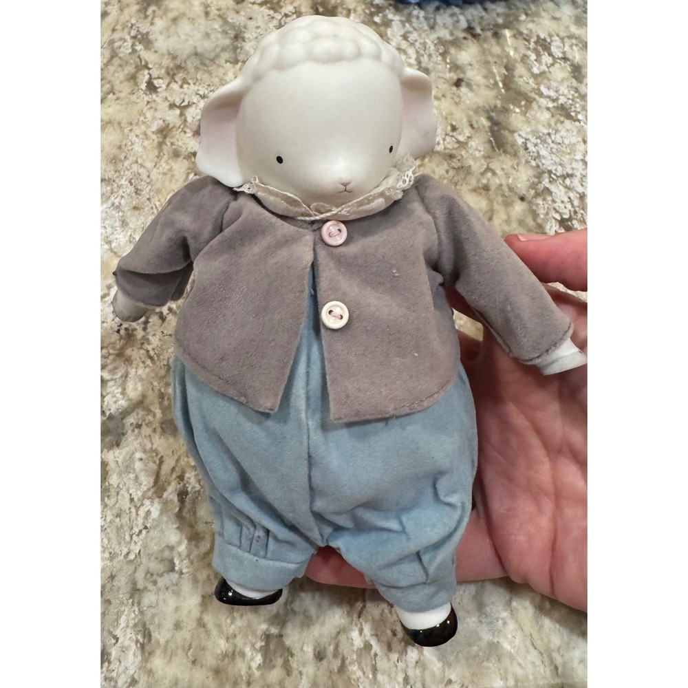 Vintage 1987 Michel & Company My Lamby Pie Porcelain Lamb Doll Grey Blue Outfit